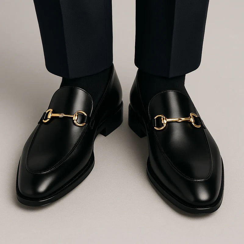 Harvey | Men's Leather-Look Horsebit Loafers - Gold-Tone Buckle Slip-On Dress Shoes