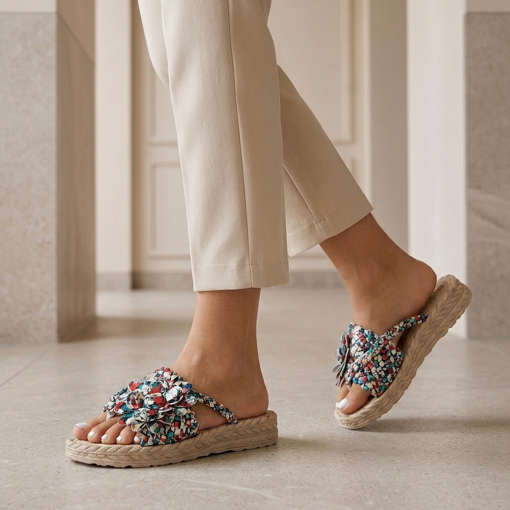 Sadie | Women's Floral Platform Sandals - Woven Strap Slip-On Sandals