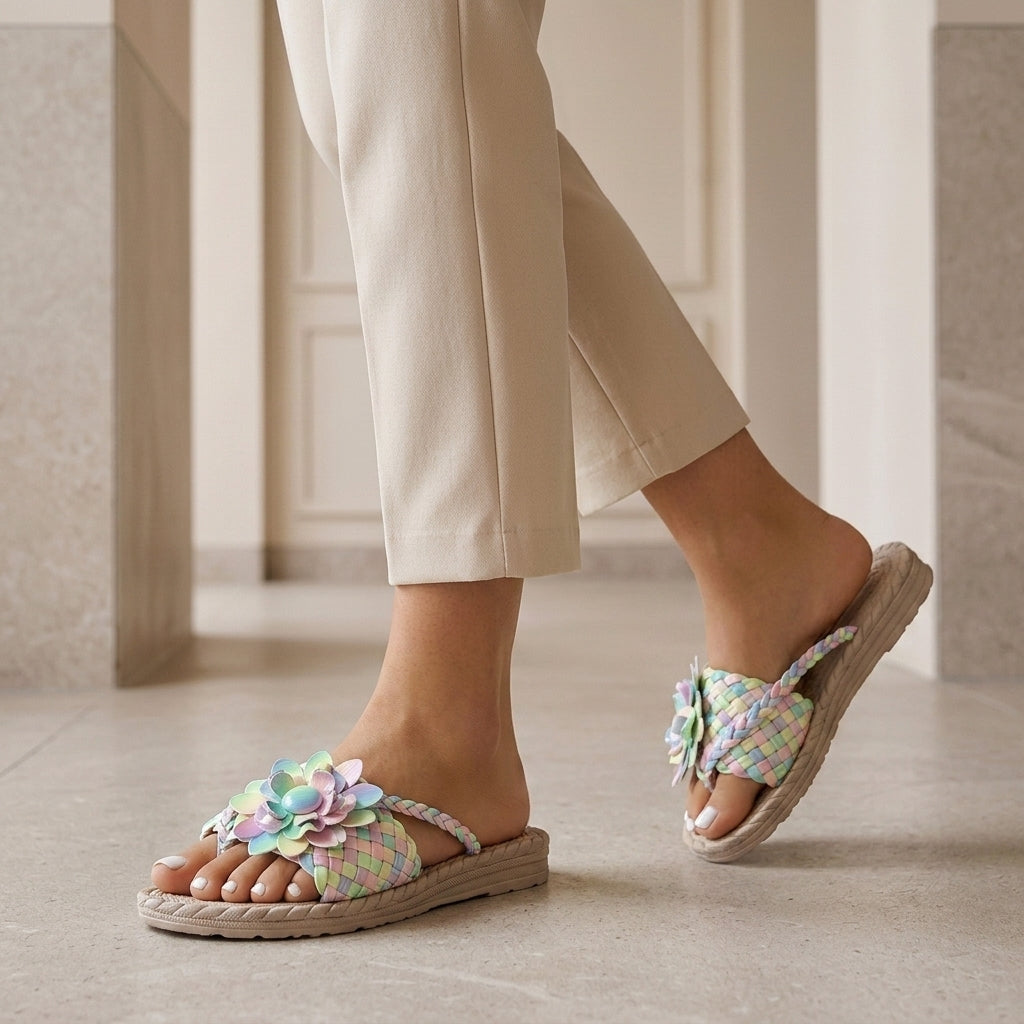 Sadie | Women's Floral Platform Sandals - Woven Strap Slip-On Sandals