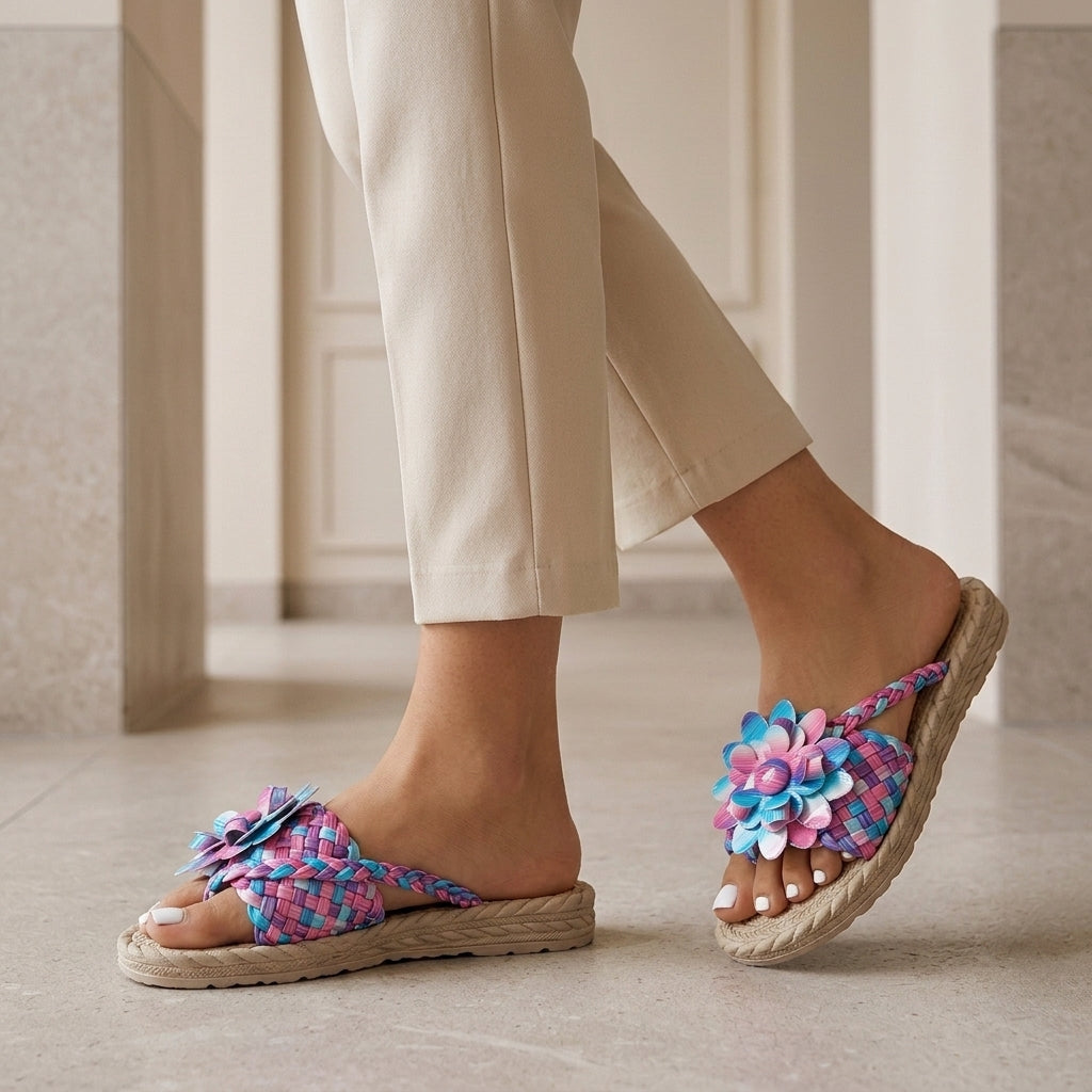 Sadie | Women's Floral Platform Sandals - Woven Strap Slip-On Sandals