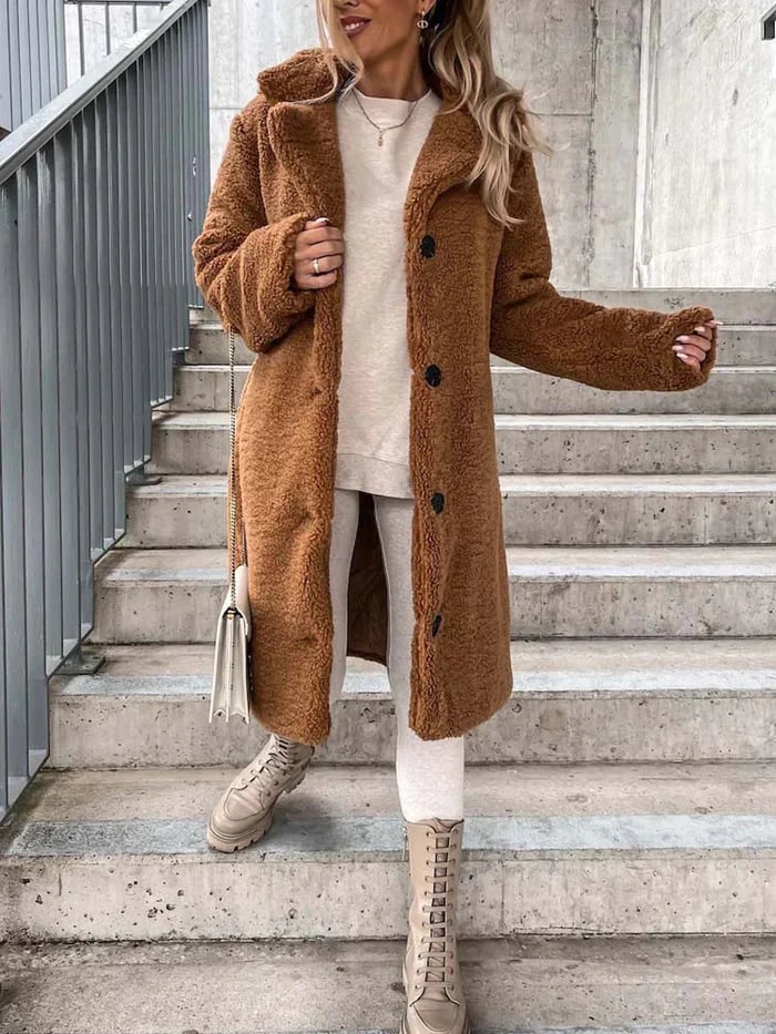 Amanda | Dames Teddyjas - Lange Winterjas met Revers en Knoopsluiting