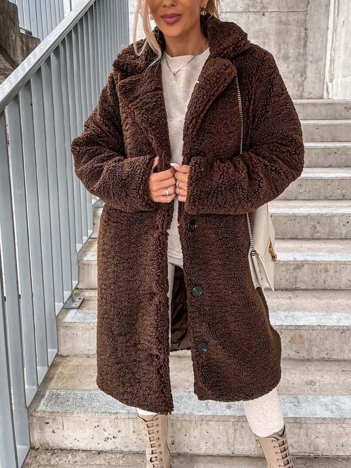 Amanda | Dames Teddyjas - Lange Winterjas met Revers en Knoopsluiting