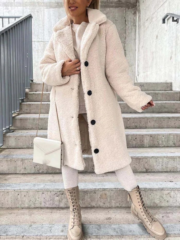 Amanda | Dames Teddyjas - Lange Winterjas met Revers en Knoopsluiting