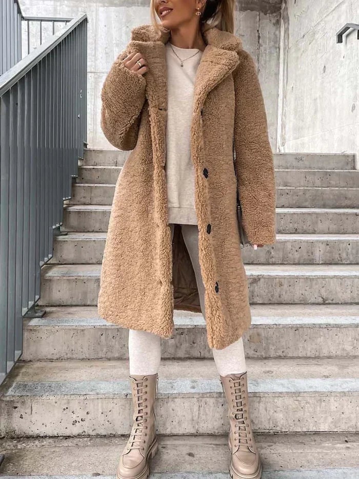 Amanda | Dames Teddyjas - Lange Winterjas met Revers en Knoopsluiting