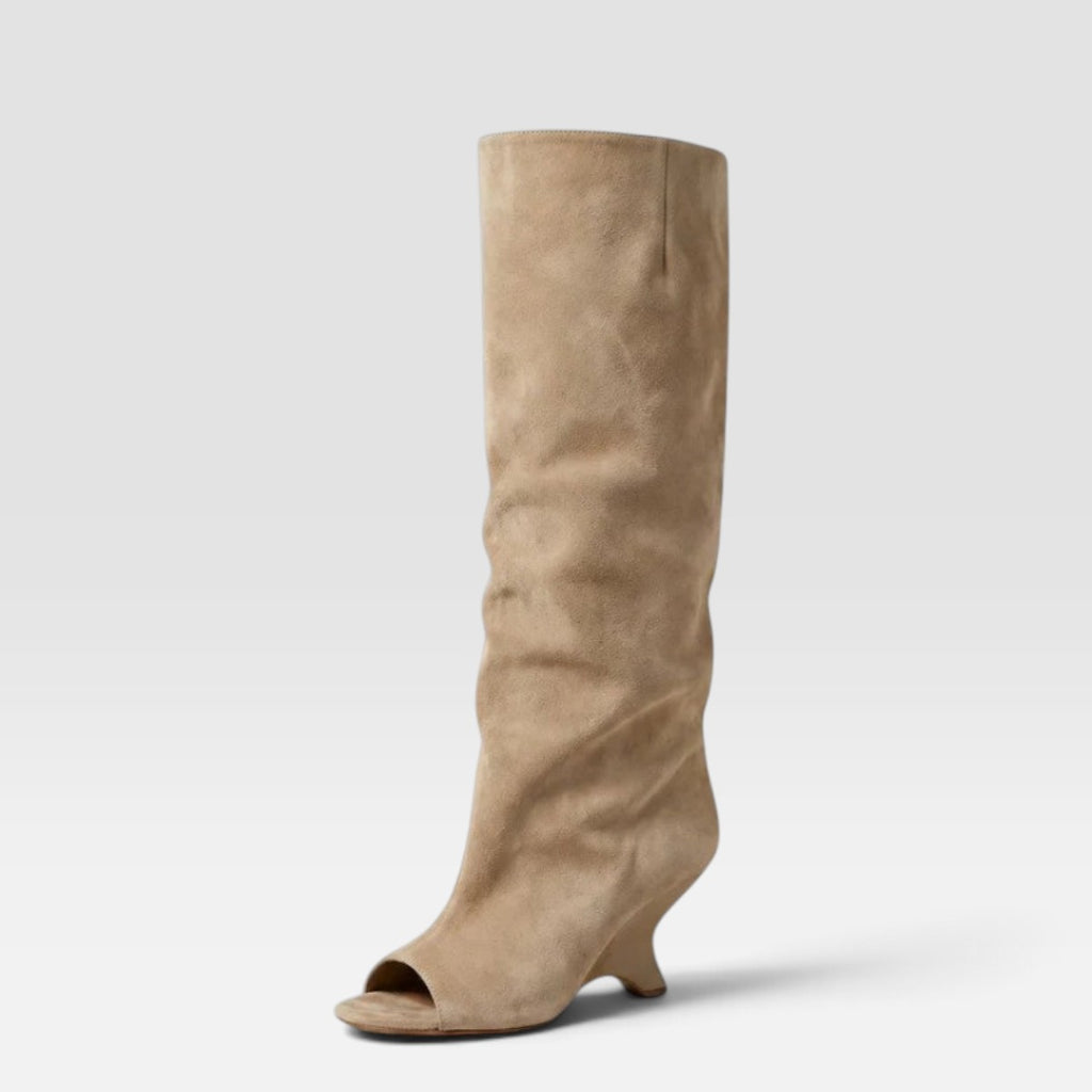 Vivienne | Women's Knee-High Boots with Peep Toe - Sculpted Heel Dress Boots