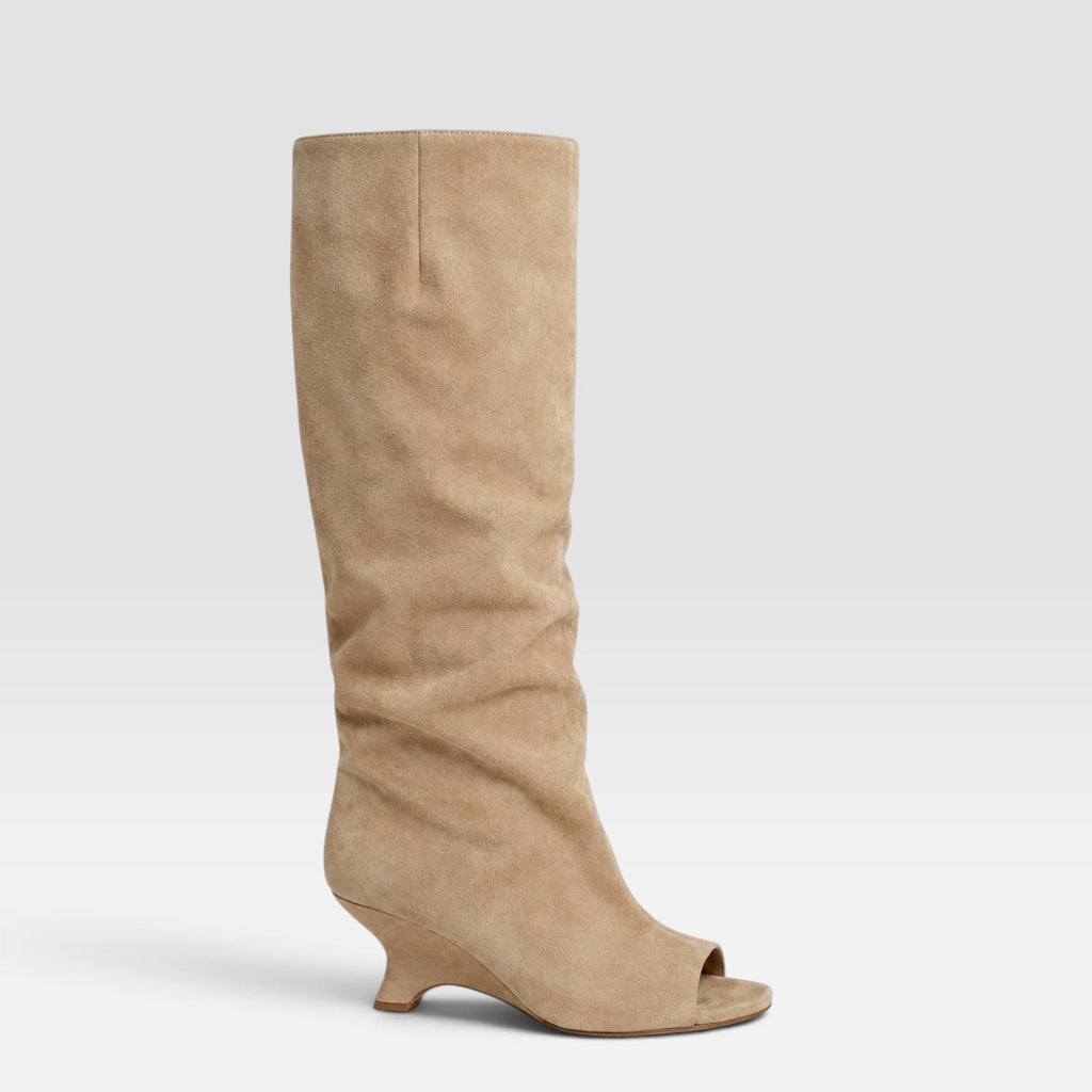 Vivienne | Women's Knee-High Boots with Peep Toe - Sculpted Heel Dress Boots