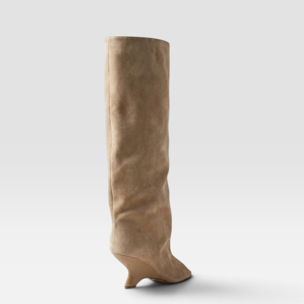 Vivienne | Women's Knee-High Boots with Peep Toe - Sculpted Heel Dress Boots