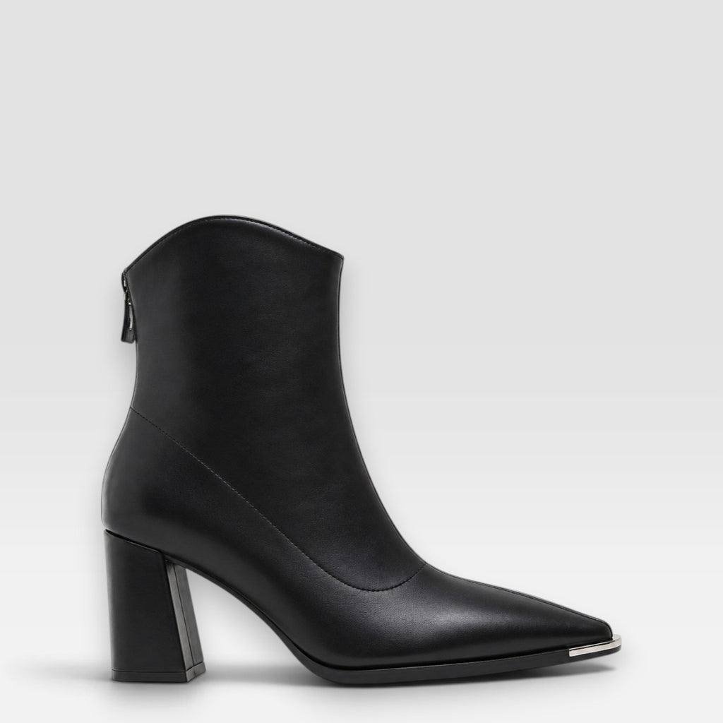 Verona | Women's Pointed-Toe Block Heel Ankle Boots - Faux Leather Zip-Up Boots