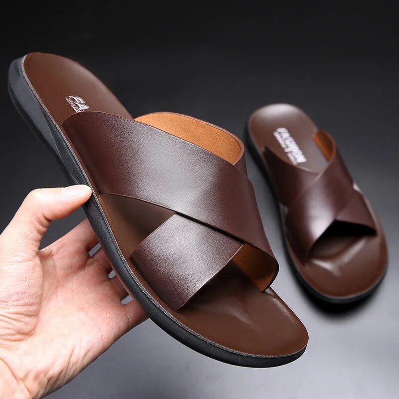 Casper | Men's Cross-Strap Anti-Slip Sandals - Grip Sole Slip-On Sandals