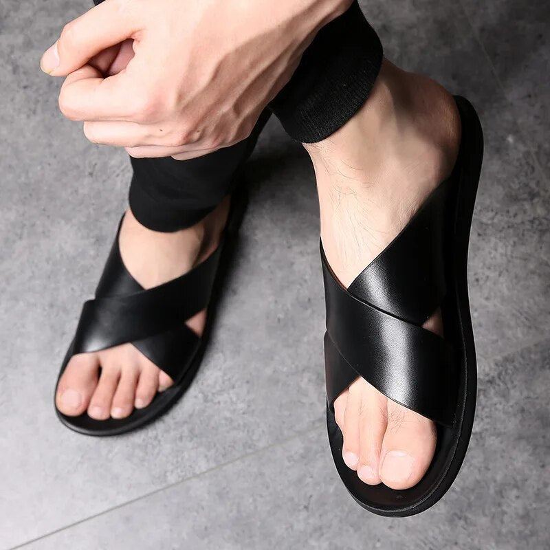 Casper | Men's Cross-Strap Anti-Slip Sandals - Grip Sole Slip-On Sandals