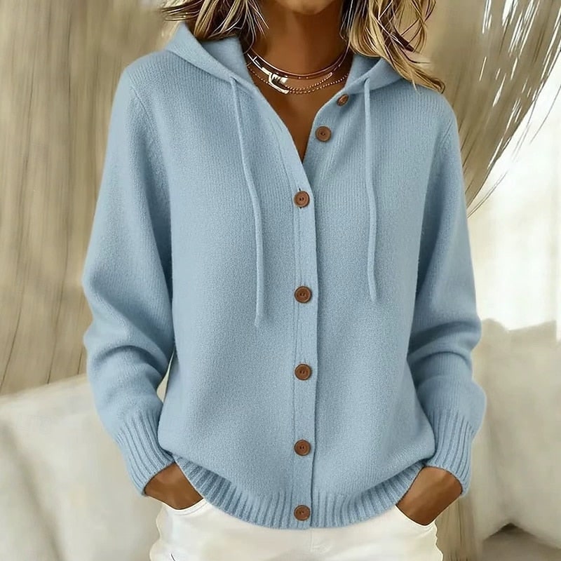 Merryn | Women's Hooded Button-Front Cardigan - Drawstring Hood Knit Layer