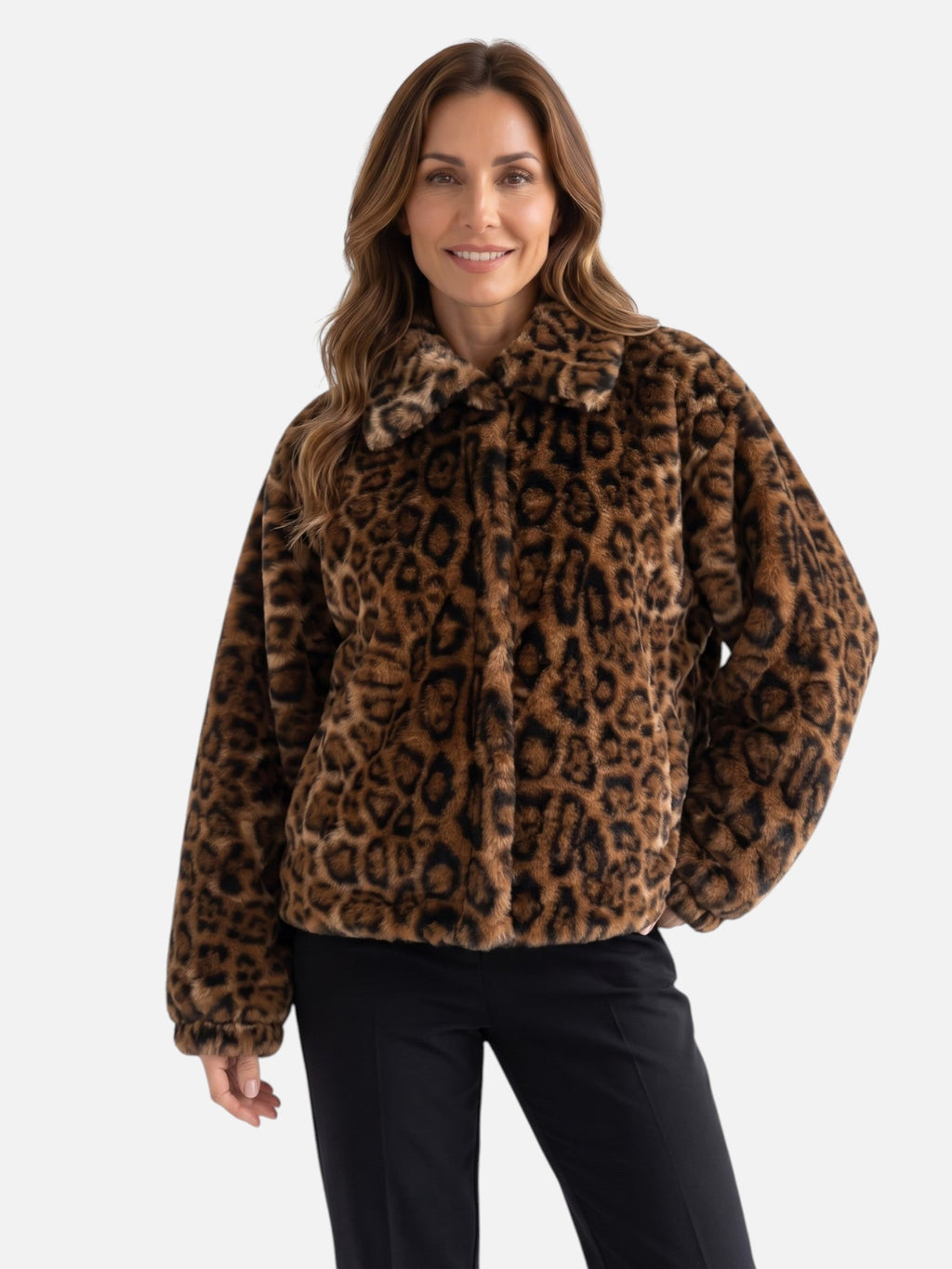 Roxanne | Women's Leopard-Print Faux Fur Jacket - Shirt Collar Press-Stud Coat
