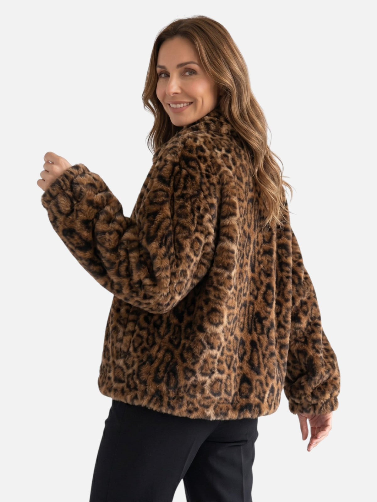 Roxanne | Women's Leopard-Print Faux Fur Jacket - Shirt Collar Press-Stud Coat