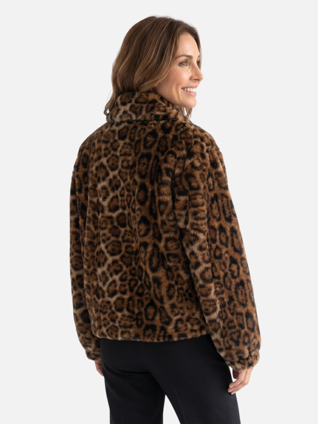 Roxanne | Women's Leopard-Print Faux Fur Jacket - Shirt Collar Press-Stud Coat
