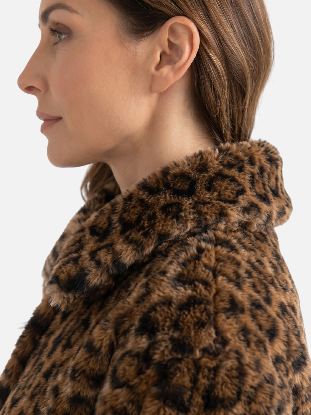 Roxanne | Women's Leopard-Print Faux Fur Jacket - Shirt Collar Press-Stud Coat