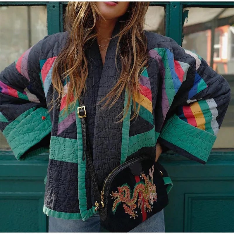 Gwen | Women's Vintage Quilted Jacket - Striped Colour-Block Padded Coat
