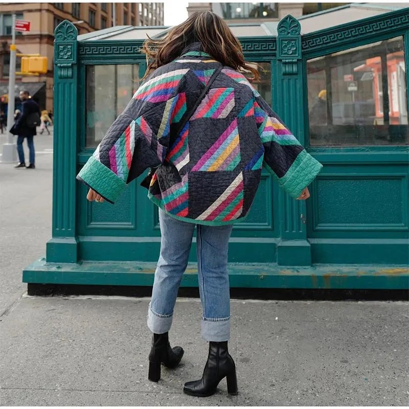 Gwen | Women's Vintage Quilted Jacket - Striped Colour-Block Padded Coat