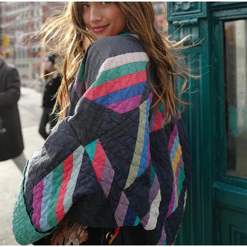 Gwen | Women's Vintage Quilted Jacket - Striped Colour-Block Padded Coat