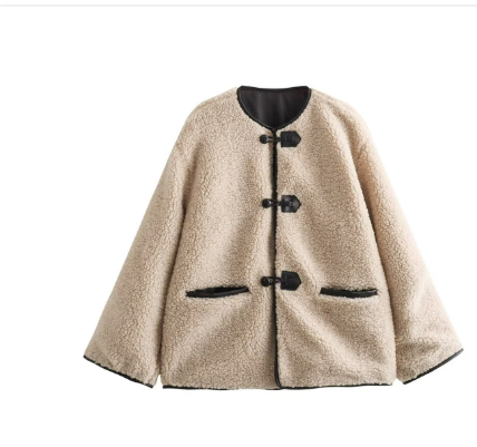 Lucy | Women's Oversized Teddy Coat - Round Neck Toggle Fastening Winter Jacket