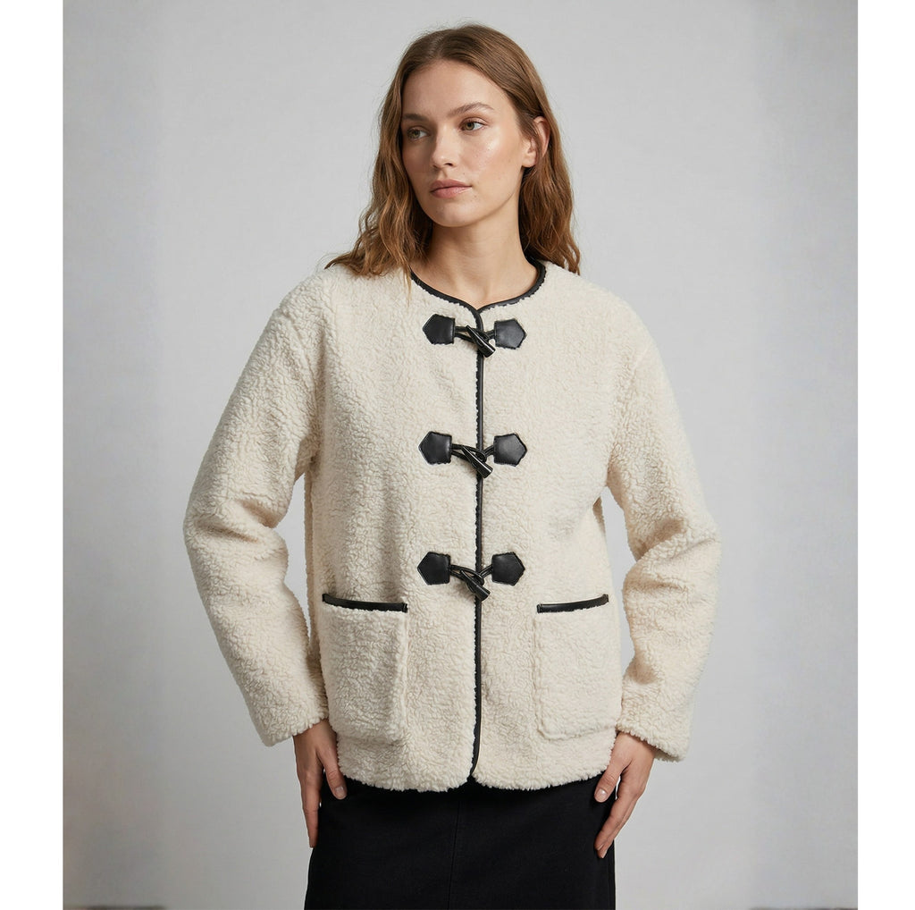 Lucy | Women's Oversized Teddy Coat - Round Neck Toggle Fastening Winter Jacket