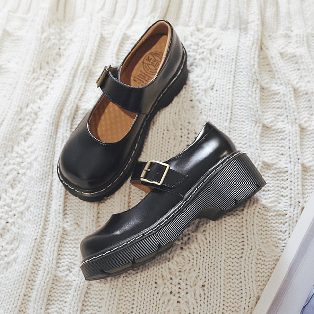 Prudence | Women's Vintage Buckle faux leather Mary Jane Heels - Chunky Platform Court Shoes