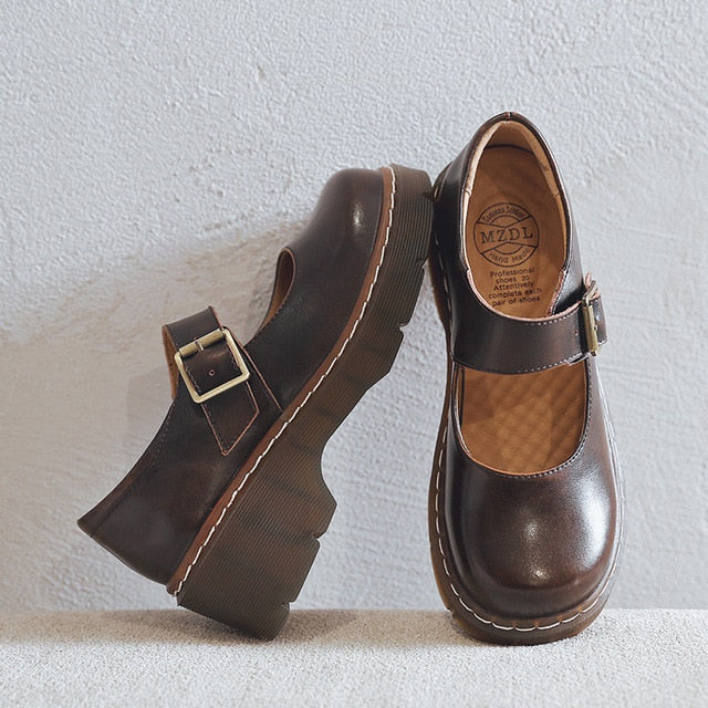 Prudence | Women's Vintage Buckle faux leather Mary Jane Heels - Chunky Platform Court Shoes
