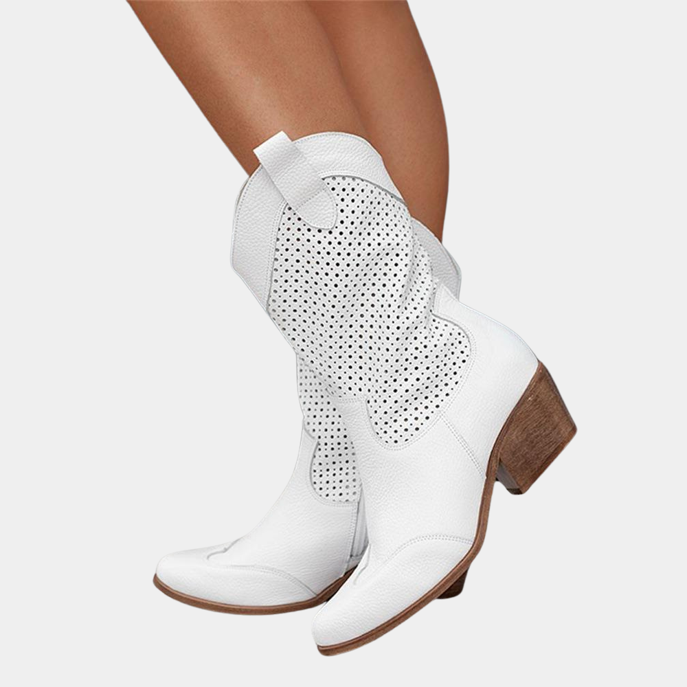 Margot | Women's Perforated Mid-Calf Cowboy Boots - Block Heel Western Boots