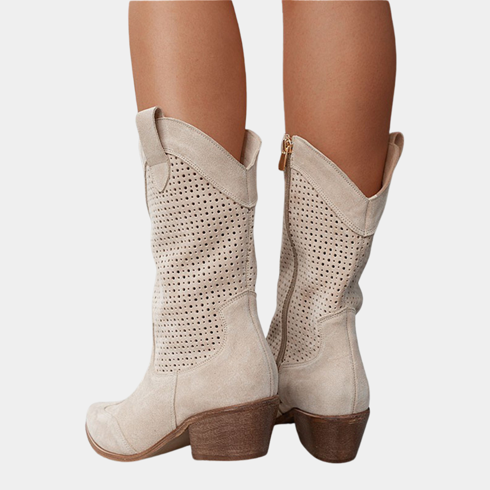 Margot | Women's Perforated Mid-Calf Cowboy Boots - Block Heel Western Boots