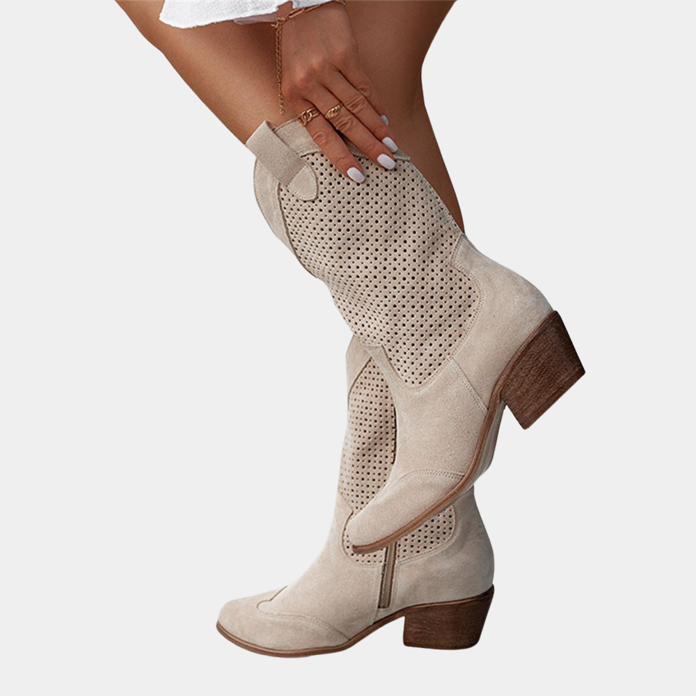Margot | Women's Perforated Mid-Calf Cowboy Boots - Block Heel Western Boots