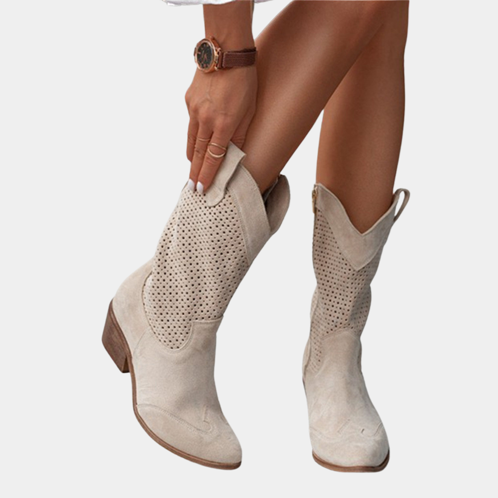Margot | Women's Perforated Mid-Calf Cowboy Boots - Block Heel Western Boots