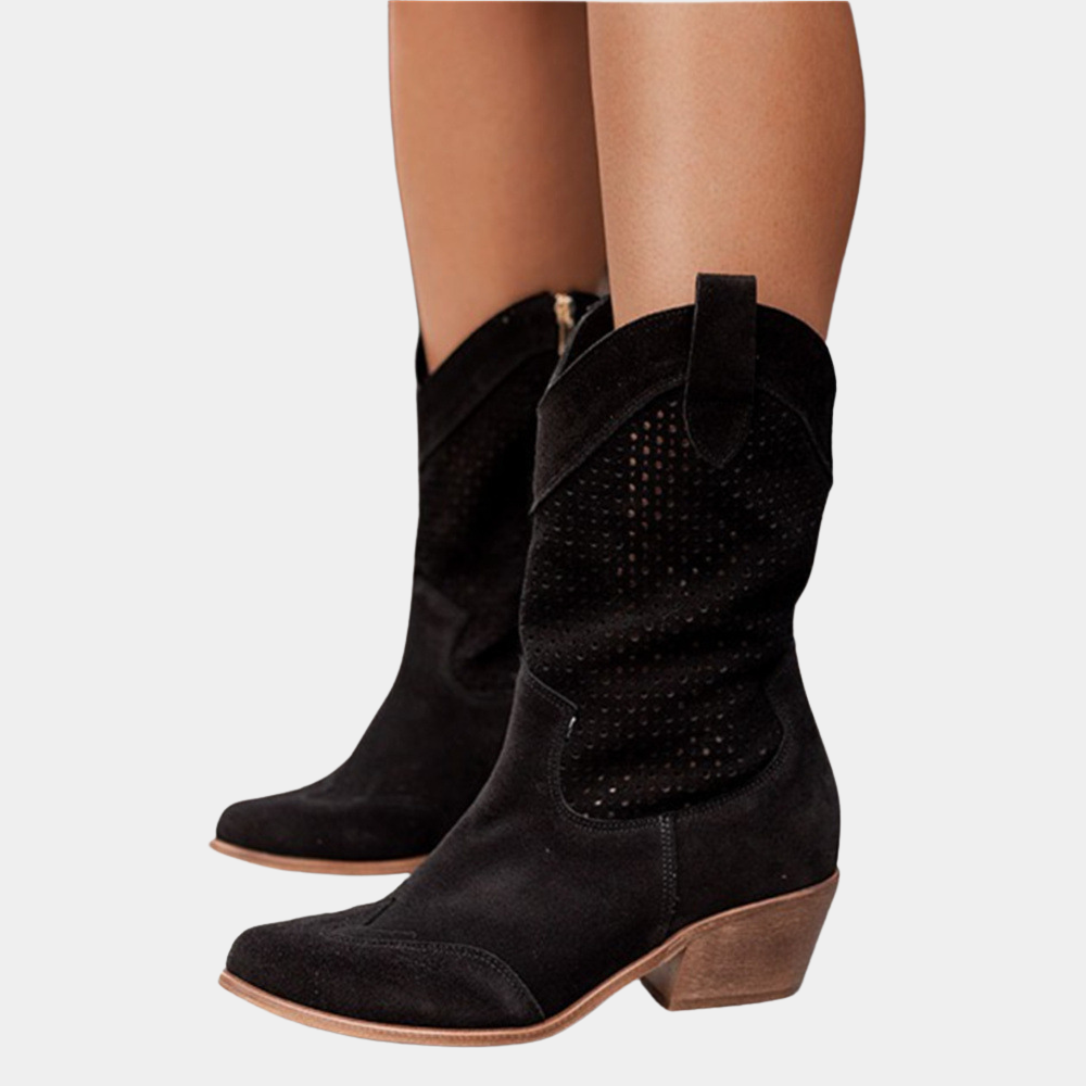 Margot | Women's Perforated Mid-Calf Cowboy Boots - Block Heel Western Boots