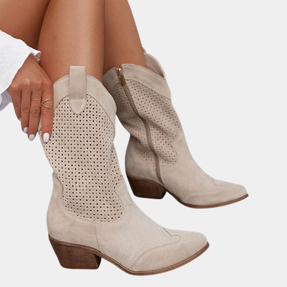 Margot | Women's Perforated Mid-Calf Cowboy Boots - Block Heel Western Boots
