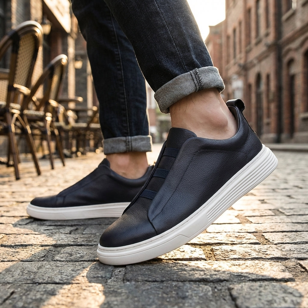 Maverick | Men's Leather Trainers – Stretch-Lace Casual Sneakers