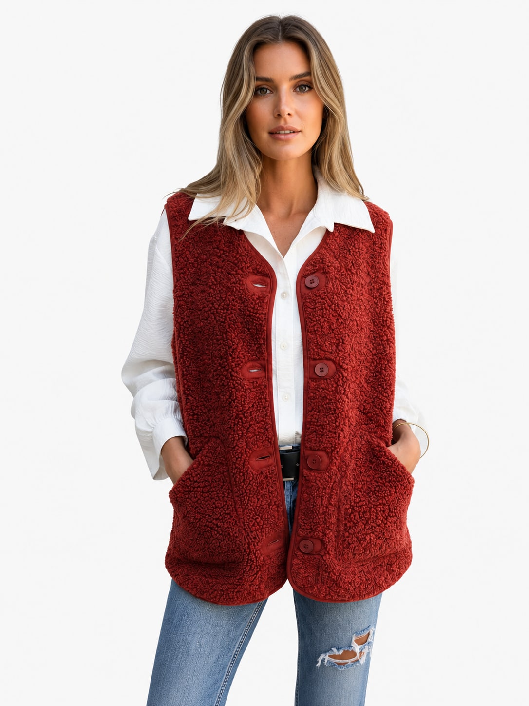 Mavis | Women's Teddy Fleece Sleeveless Gilet - Button-Up Textured Waistcoat with Pockets