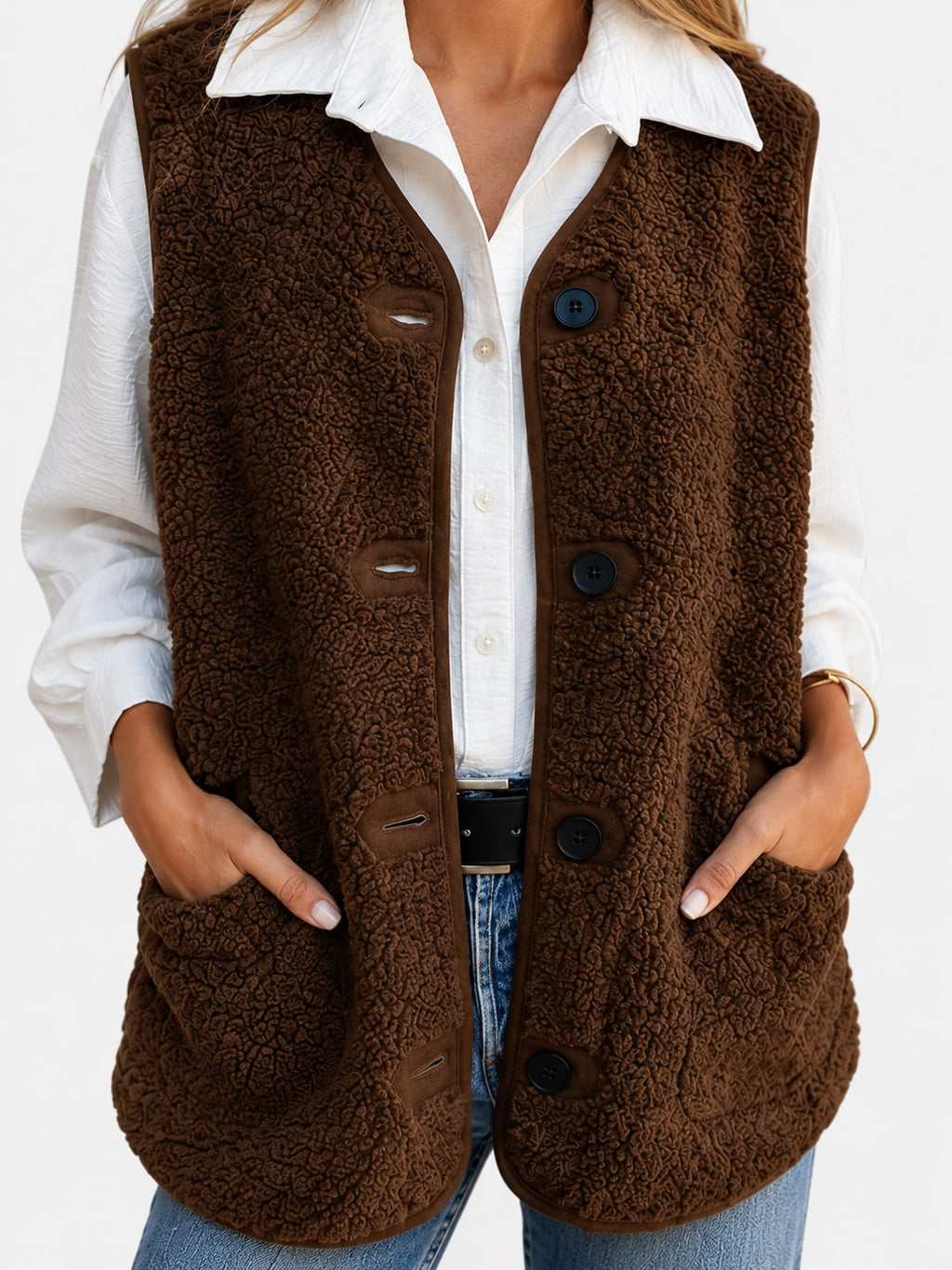 Mavis | Women's Teddy Fleece Sleeveless Gilet - Button-Up Textured Waistcoat with Pockets