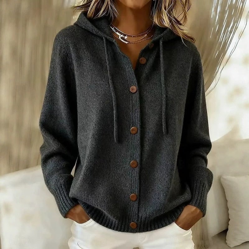 Merryn | Women's Hooded Button-Front Cardigan - Drawstring Hood Knit Layer