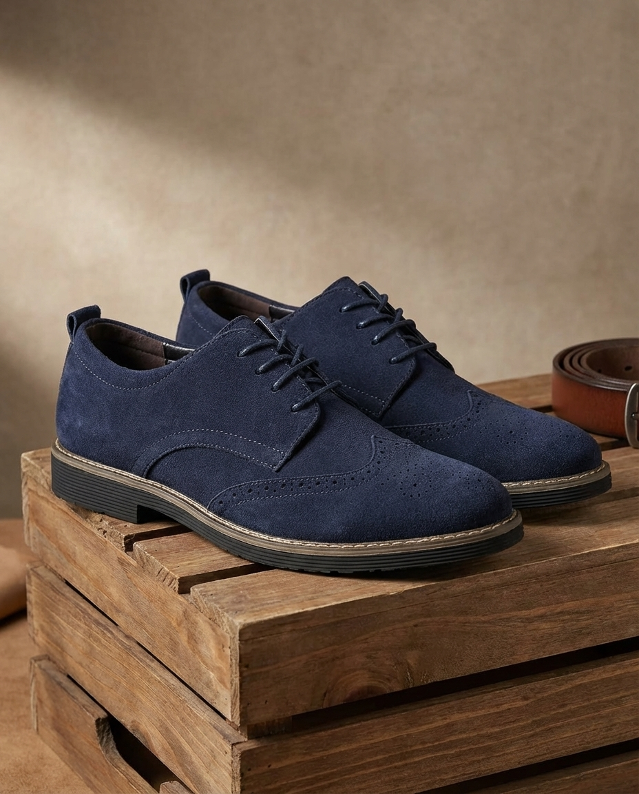 Roamer | Men's Navy Suede Brogue Oxford Shoes – Wingtip Lug-Sole Shoes
