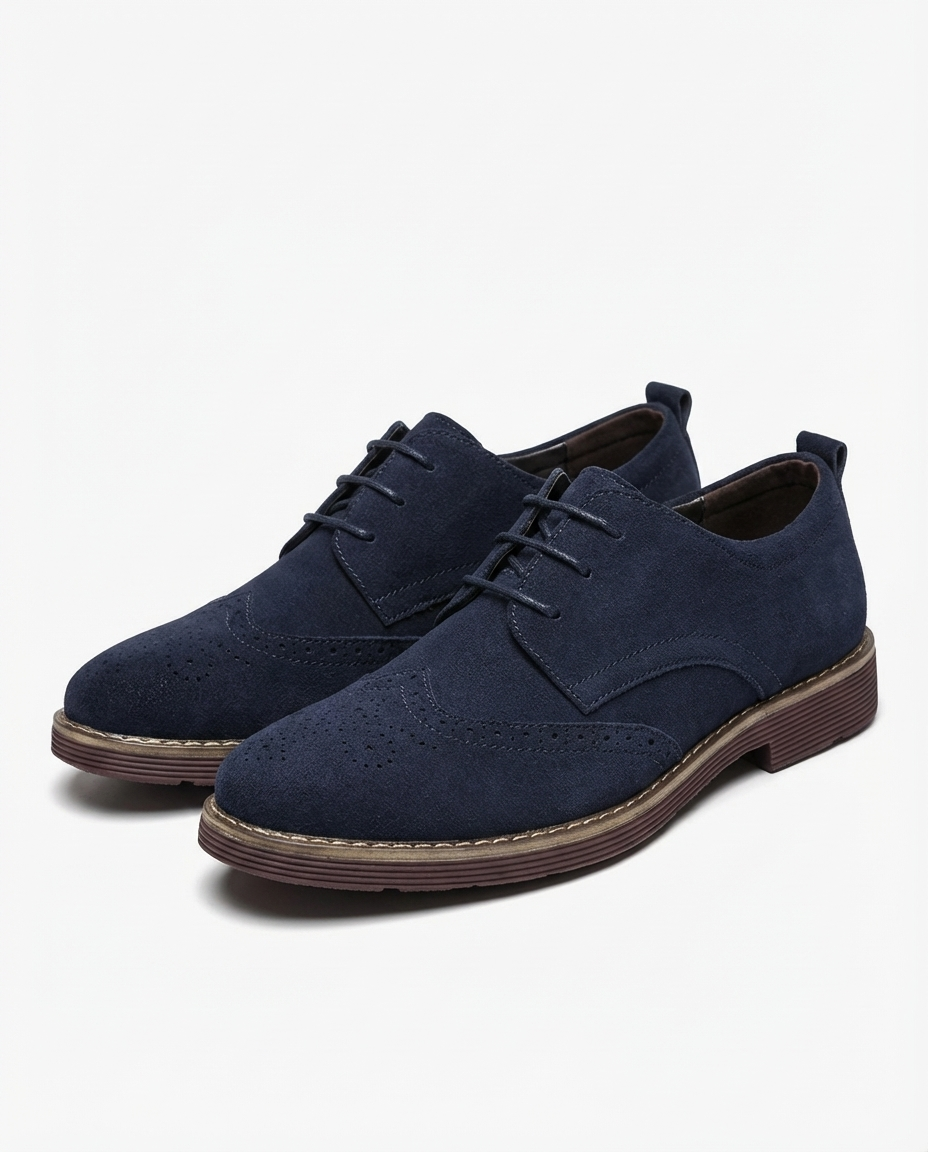 Roamer | Men's Navy Suede Brogue Oxford Shoes – Wingtip Lug-Sole Shoes