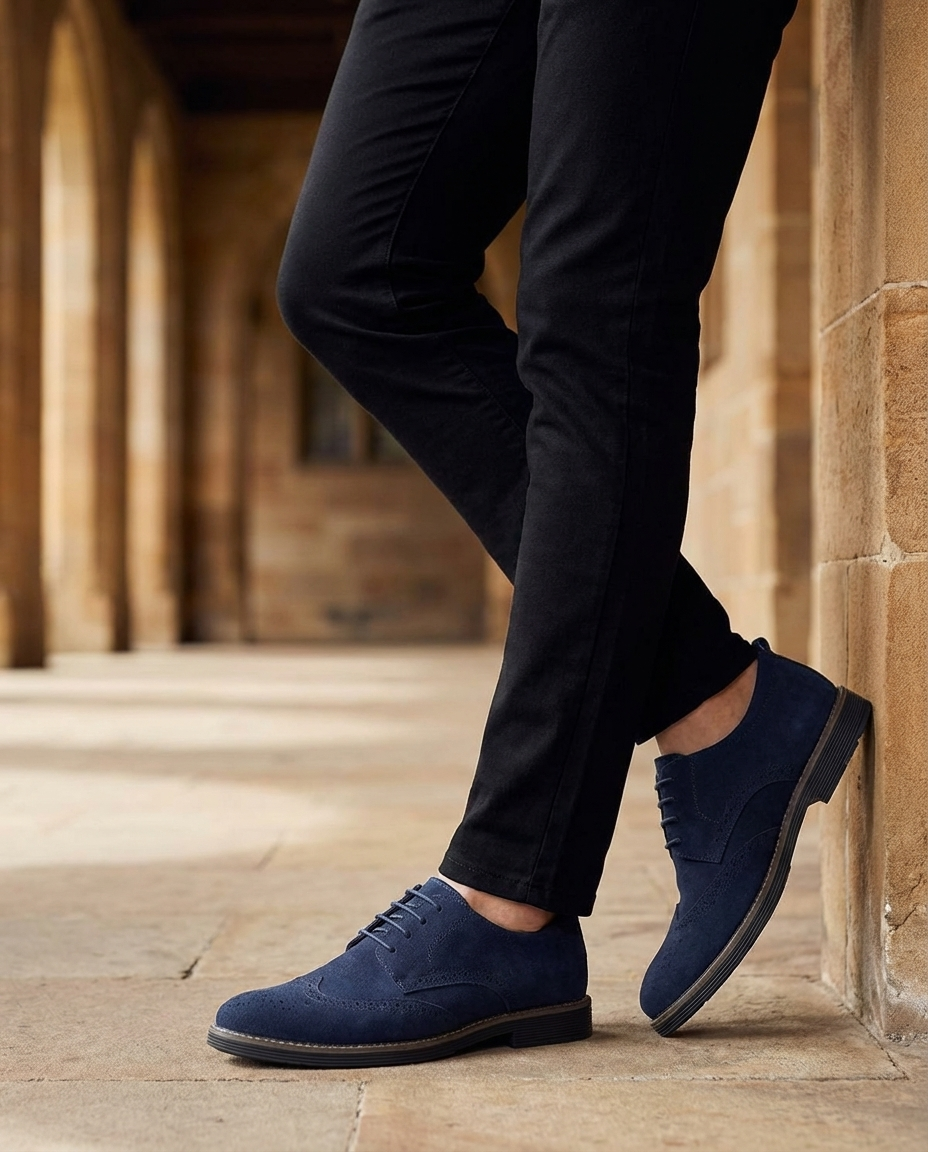 Roamer | Men's Navy Suede Brogue Oxford Shoes – Wingtip Lug-Sole Shoes