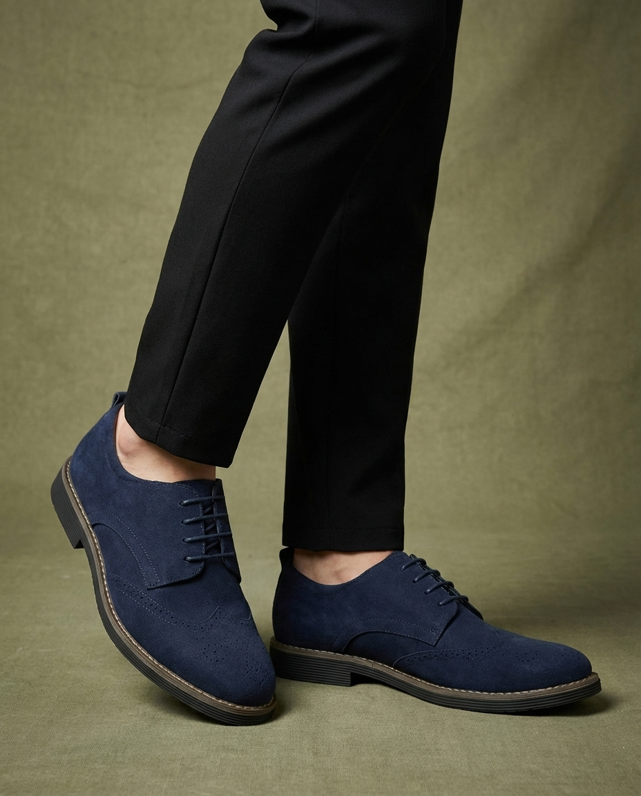 Roamer | Men's Navy Suede Brogue Oxford Shoes – Wingtip Lug-Sole Shoes