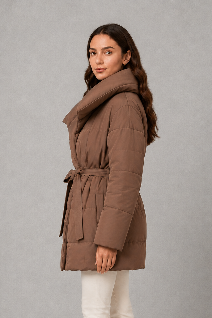 Beth | Women's Belted Puffer Jacket - Quilted Zip-Up Winter Coat