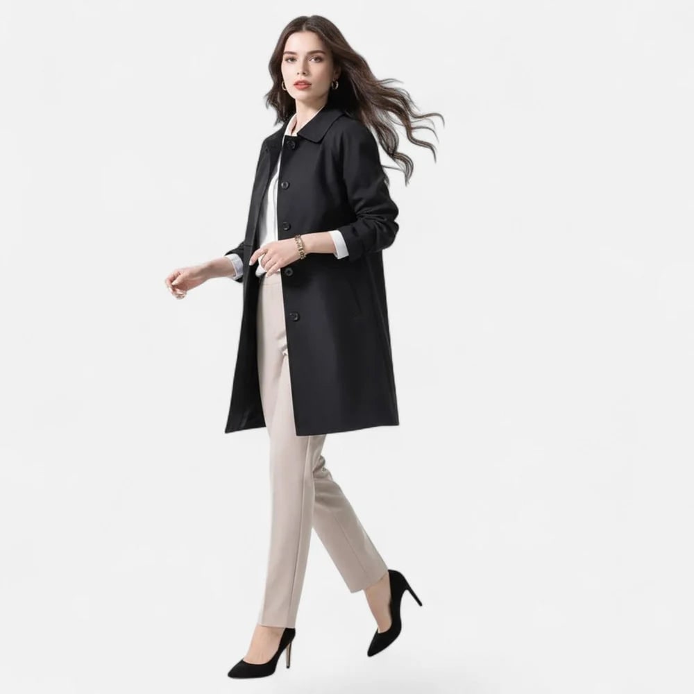 Eve | Women's Midi Coat - Lapel Collar Button-Up Winter Coat