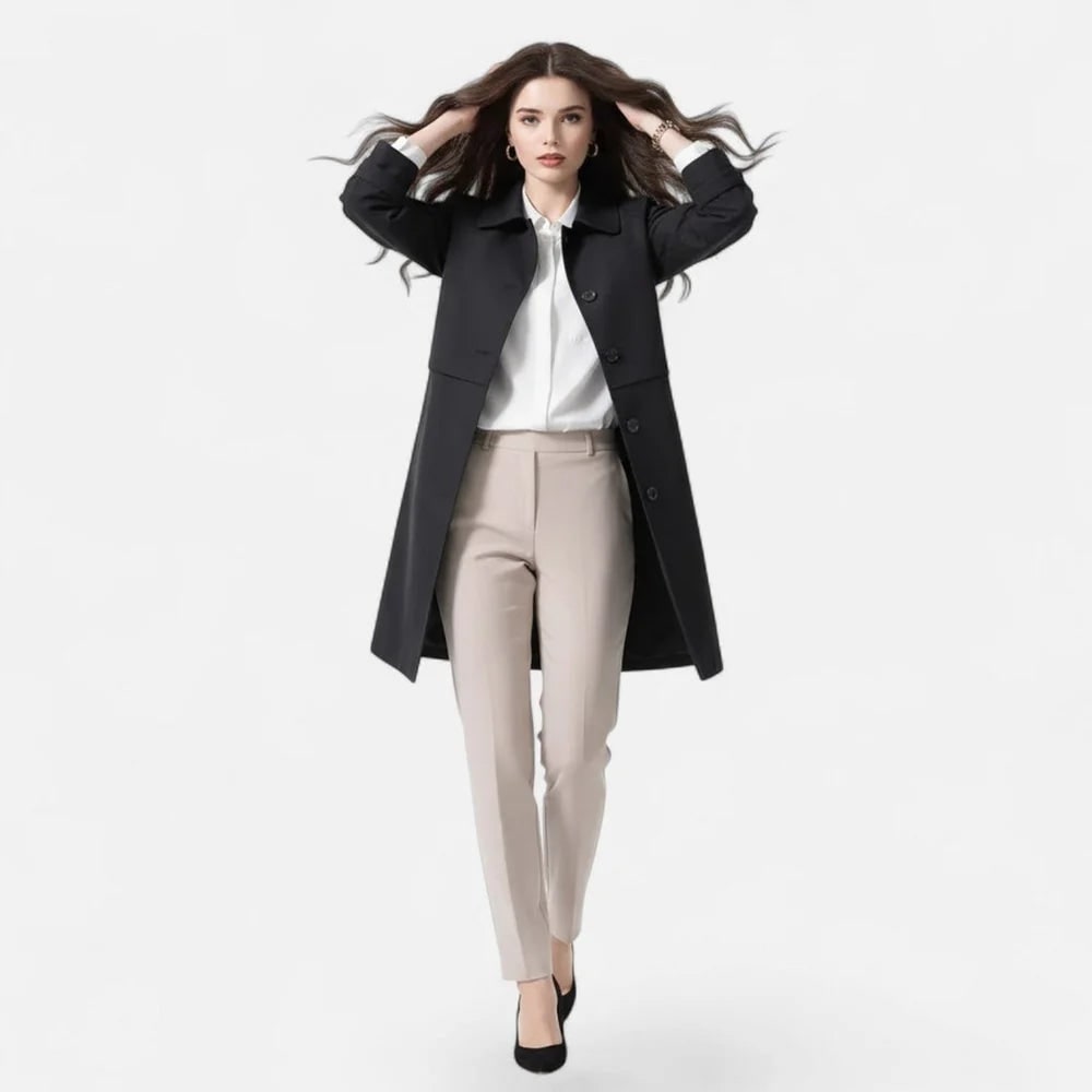 Eve | Women's Midi Coat - Lapel Collar Button-Up Winter Coat