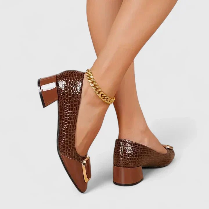 Odette | Women's Leather-Look Croc-Embossed Loafers - Chain-Trim Block-Heel Office Shoes