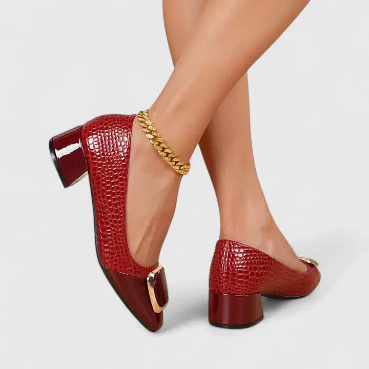 Odette | Women's Leather-Look Croc-Embossed Loafers - Chain-Trim Block-Heel Office Shoes