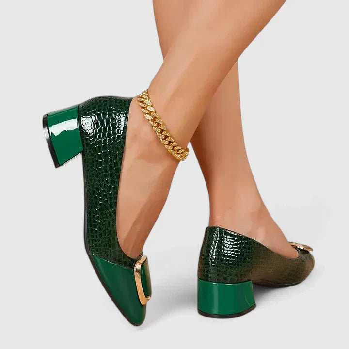 Odette | Women's Leather-Look Croc-Embossed Loafers - Chain-Trim Block-Heel Office Shoes