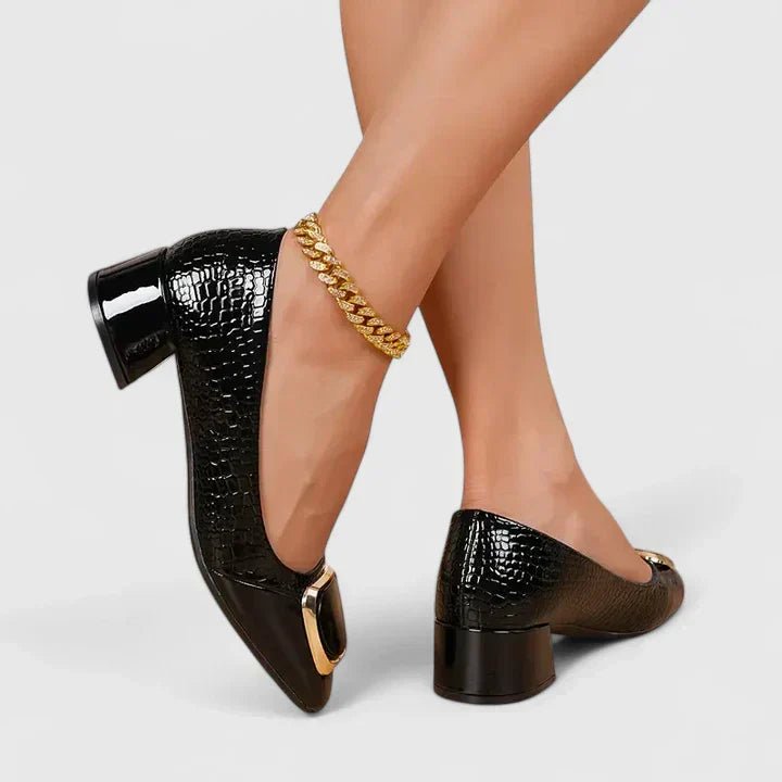 Odette | Women's Leather-Look Croc-Embossed Loafers - Chain-Trim Block-Heel Office Shoes