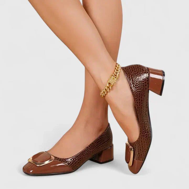 Odette | Women's Leather-Look Croc-Embossed Loafers - Chain-Trim Block-Heel Office Shoes