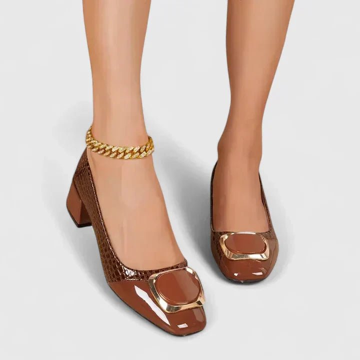 Odette | Women's Leather-Look Croc-Embossed Loafers - Chain-Trim Block-Heel Office Shoes