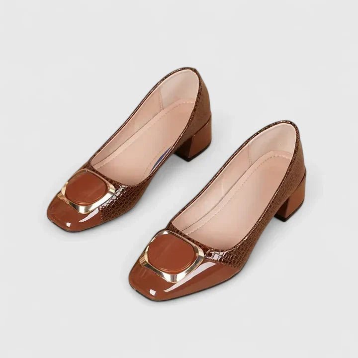 Odette | Women's Leather-Look Croc-Embossed Loafers - Chain-Trim Block-Heel Office Shoes